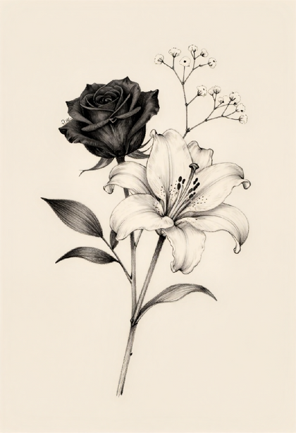 Black Rose White Lily Botanical Illustration | Classic Floral Wall Art | Sepia Botanical Decor