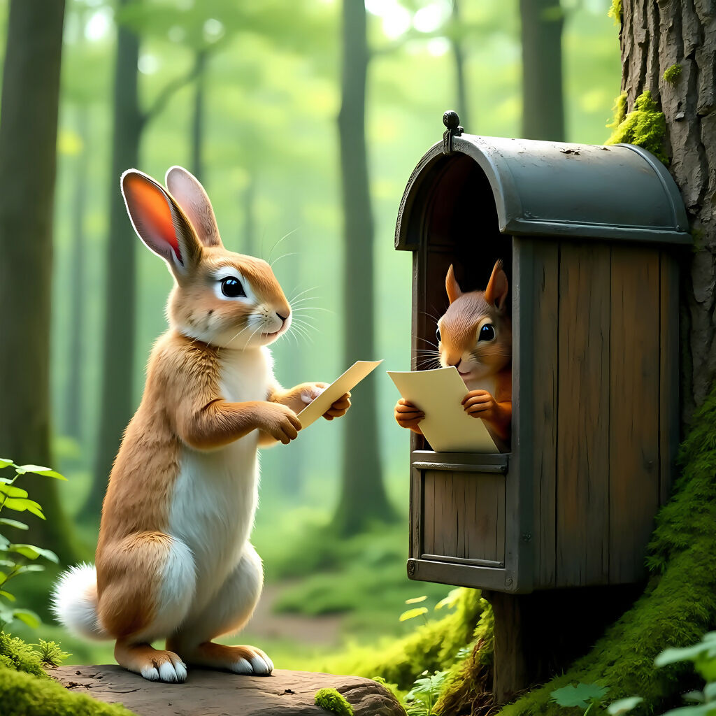 The Woodland Postman | Whimsical Rabbit & Squirrel Animal AI Art