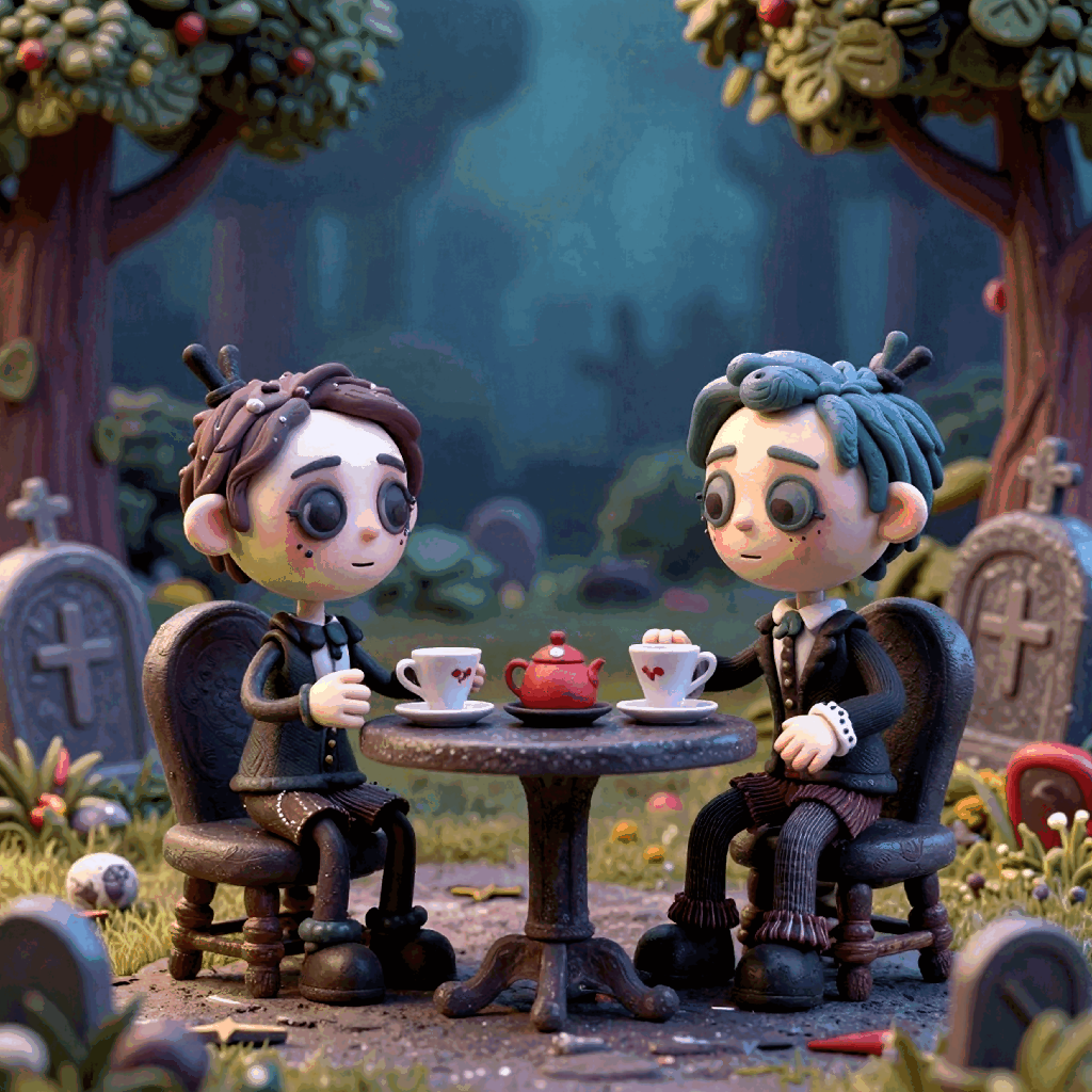 Whimsical Gothic Graveyard Tea Party | Clay Style Art | Unique AI I...
