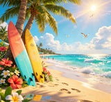 vibrant summer beach digital backdrop with surfboards and tropical flowers
