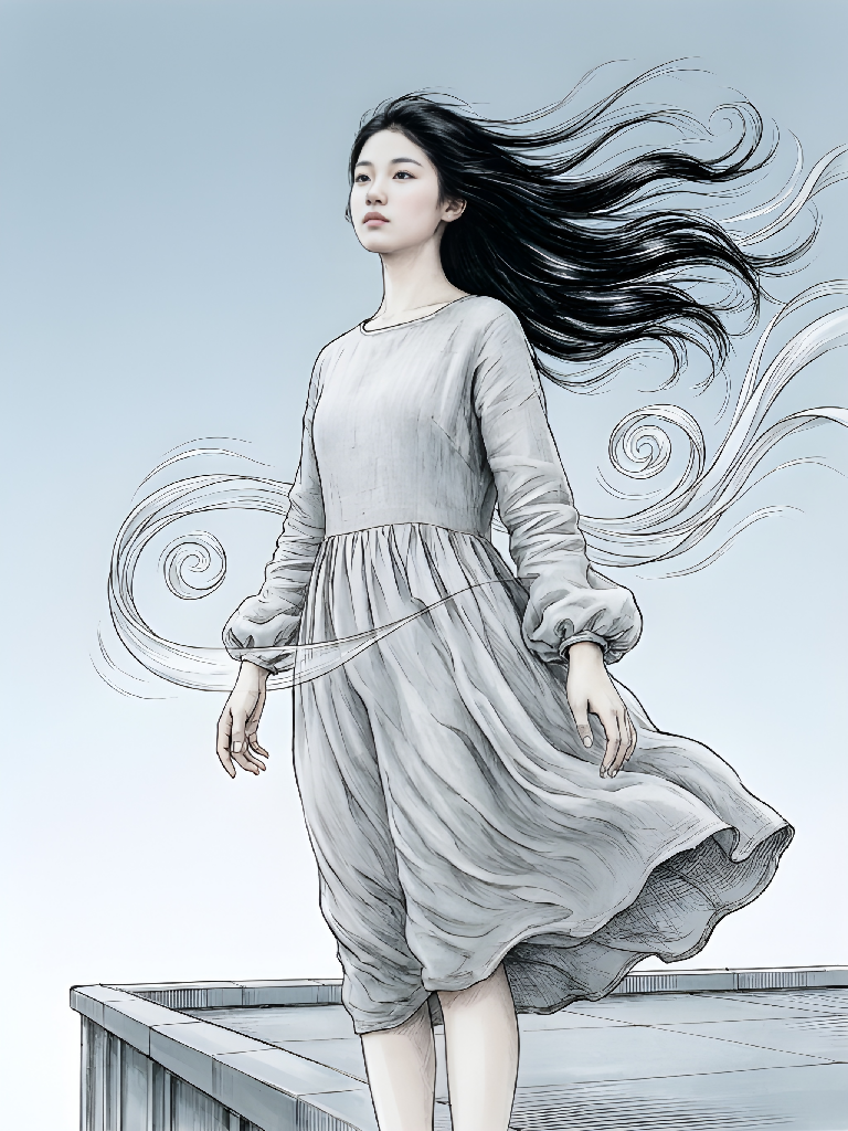 Woman with Flowing Hair in Powerful Wind,