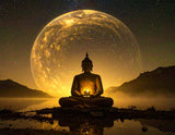 Firefly_Lord Buddha sitting in deep meditation, and in his palm, the entire universe spins li 109676
