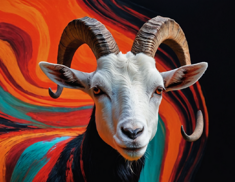 a majestic goat head adorned with swirling patterns of vibrant colors.