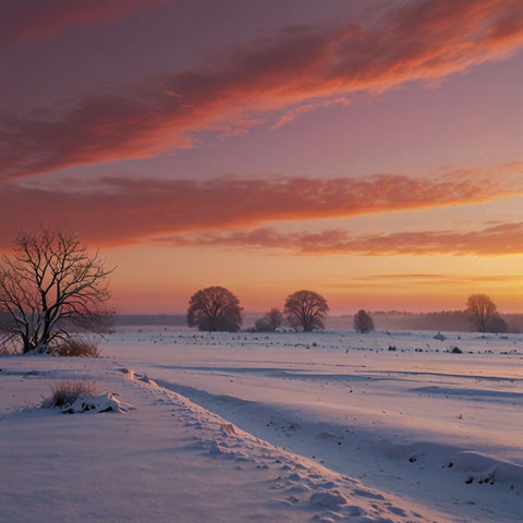 A beautiful sunrise over a snowy landscape, with the sky painted in shades of pink and orange (1)