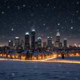 A city skyline with buildings covered in snow and twinkling lights (2)