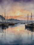 Serene Harbor Sunset Watercolor Painting 2