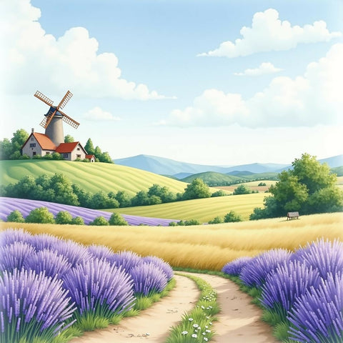 Peaceful Countryside with Lavender Fields and Windmill