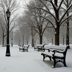 A park with snow-covered benches, lampposts, and trees (2)