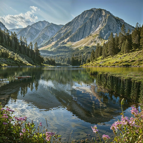 Mountain lake bathed in the morning sunlight