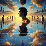 a1 DALL·E 2024-12-04 19.32.40 - A photorealistic UHD square image of a scene titled 'Narcissus in the Mirror of Eternity'. The image features an endless, glassy lake resembling a liq_optimized