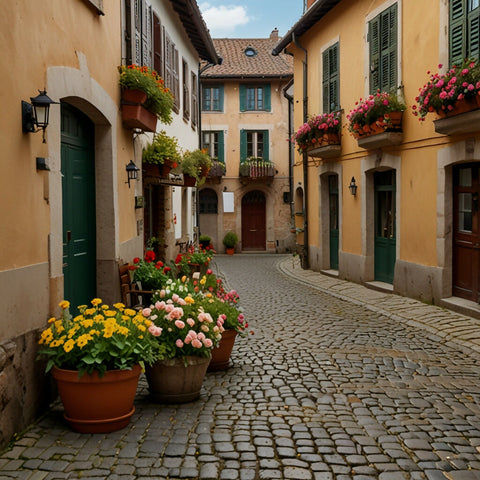 A picturesque European village with cobblestone streets, historic b...