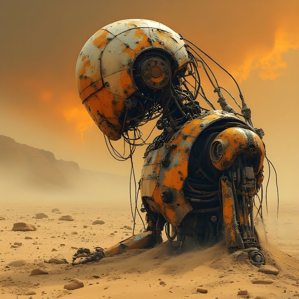 post-apocalyptic robot desert decay rusted machine dramatic sky ora...