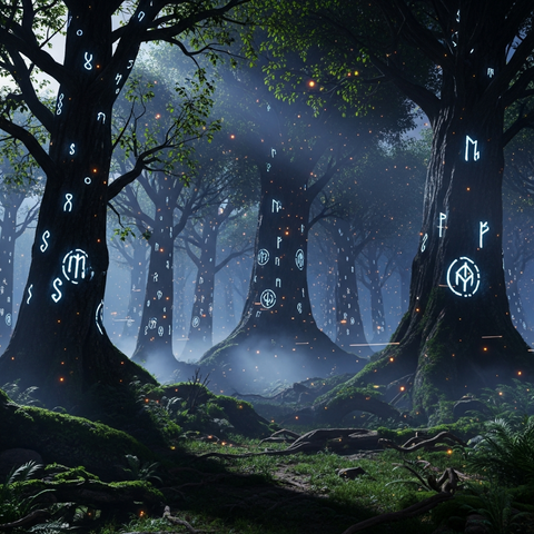 Runic Forest Ancient Enchanted Woods Glowing Arcane Symbols Floatin...