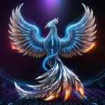 A highly detailed, futuristic digital artwork of a majestic phoenix crafted entirely from computer code and API lines, with glowing blue circuitry pathways and intricate, swirling patterns reminiscent of motherboards and microchips, set against a dark, gr