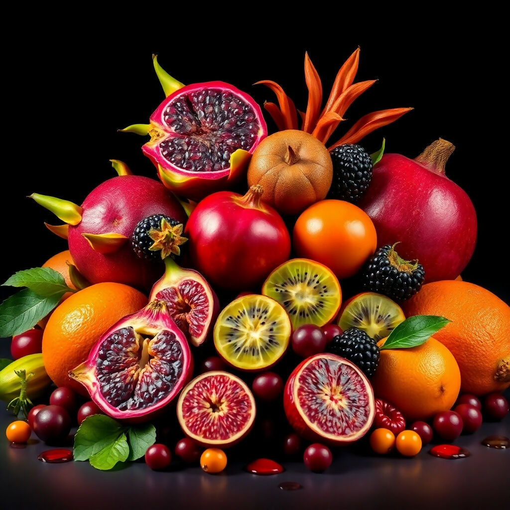 Exotic Tropical Fruit Display on Black Background