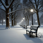 A park with snow-covered benches, lampposts, and trees (1)