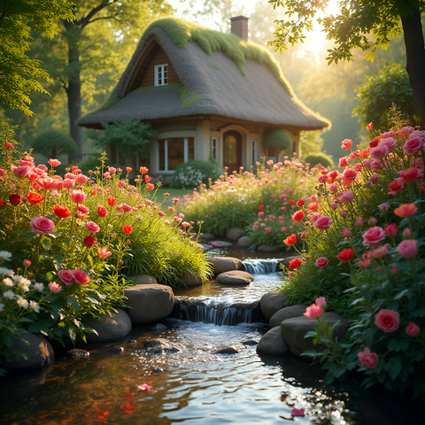 A charming cottage by a flowing stream, surrounded by vibrant flowers and lush greenery, evoking a fairytale atmosphere. Generative Al