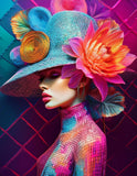 pop art style painting of a surreal female portrait with glamourous hat and big flower, soft pastel  18-02-2025 at 11-45-58
