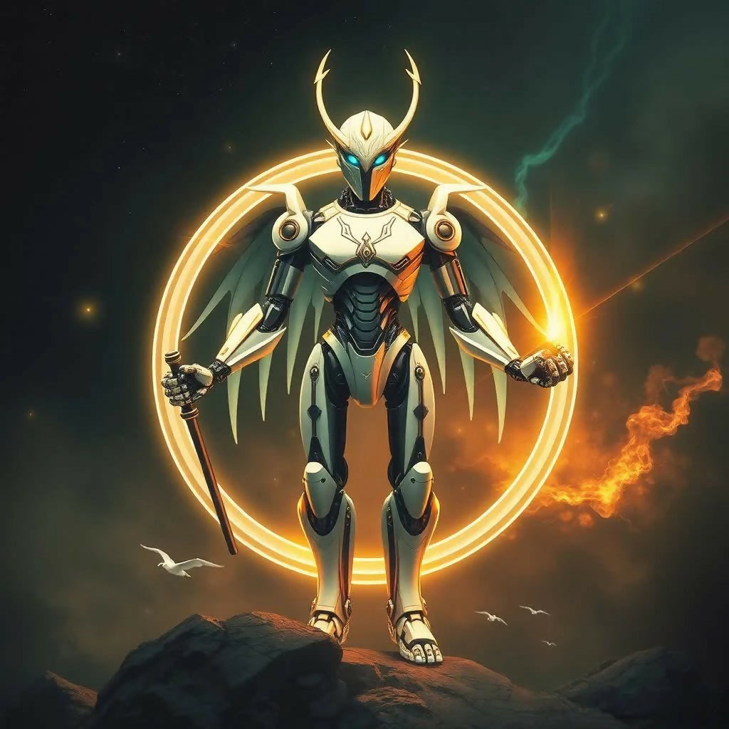 A striking robotic figure stands atop a rocky outcrop, exuding both...