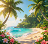 tropical jungle beach photography backdrop with lush palm trees and exotic flowers