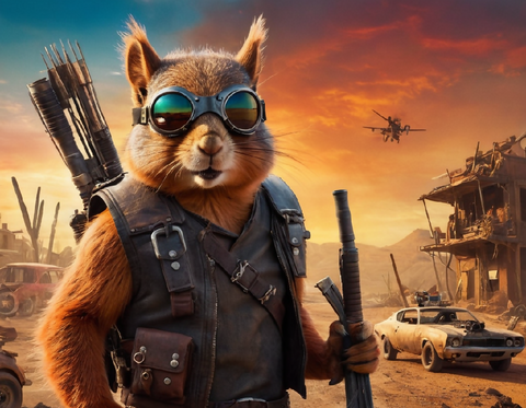 a squirrel dressed in the style of Mad Max