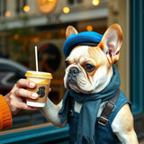 Chic French Bulldog Barista with Heart Latte - Cozy Cafe AI Art"