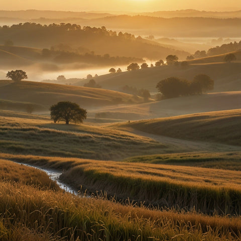 A peaceful countryside vista at sunrise, with rolling hills covered in morning mist