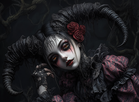 Dark Enchantress Gothic Fantasy Portrait in Black and Crimson