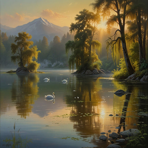 A stunning oil painting of a serene lakeside scene bathed in the warm golden Several elegant white swans float gracefully 2