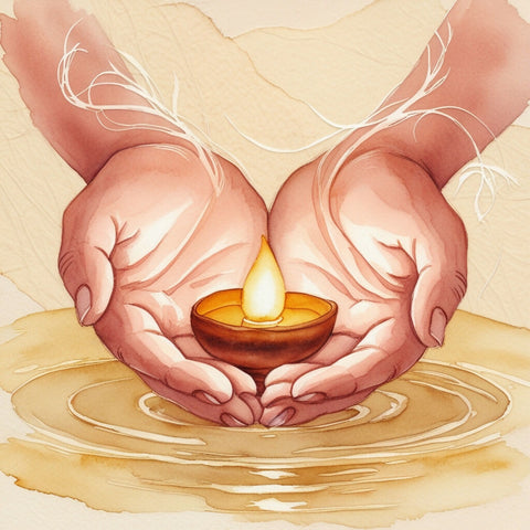 Serene Touch: Watercolor Hands and a Softly Glowing Lamp