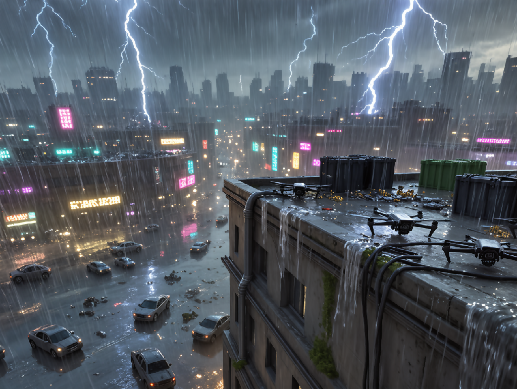 Cinematic Dystopian Rooftop Scene with Lightning and Drones