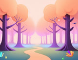 An expansive view of a dense, misty forest with towering ancient trees and a winding path