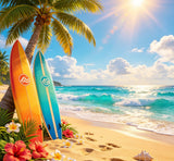 vibrant summer beach digital backdrop with surfboards and tropical flowers
