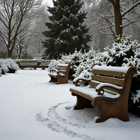 A garden with snow-covered statues, benches, and evergreen plants