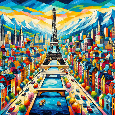 Eiffel tower and colorful buildings painting