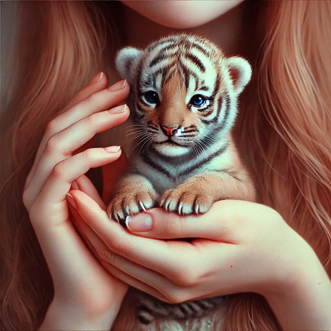 Gentle Care: The Little Tiger Cradled in a Human's Palm