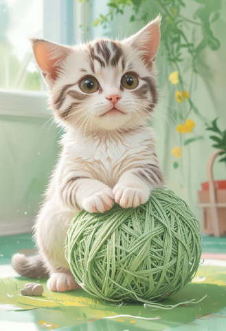 A kitten playing with a yarn ball