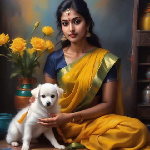 Painting of Indian woman in yellow saree