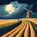 A breathtaking landscape painting depicting a majestic windmill silhouetted against a moonlit sky, overlooking a vast expanse of golden wheat fields.