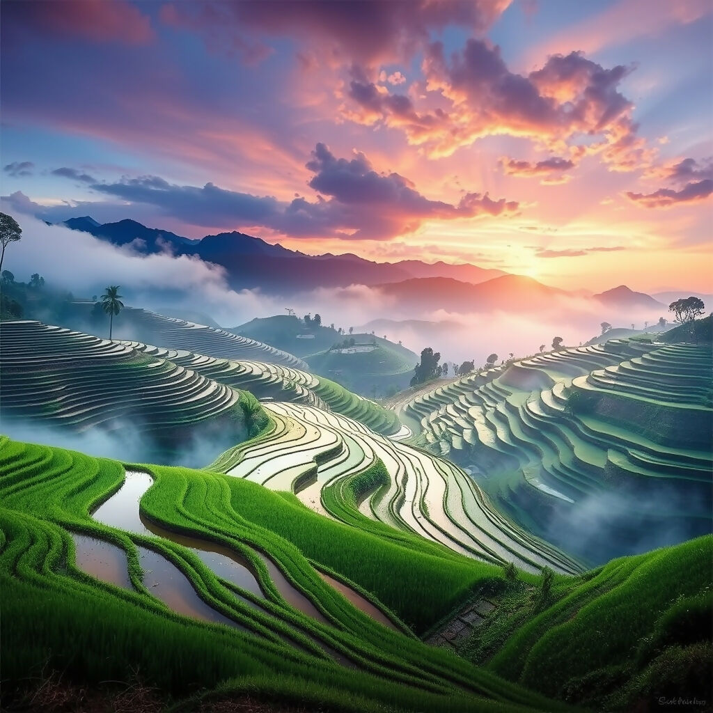 A sweeping rice terrace landscape at dawn