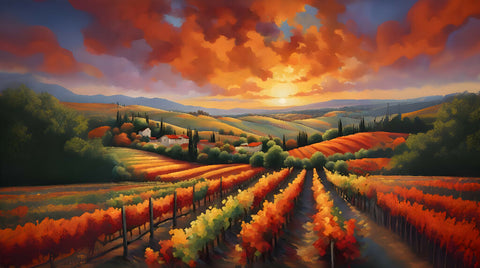 A Breathtaking Sunset Over Vibrant Vineyards - Impressionism style painting