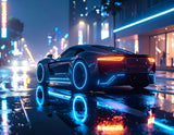 Firefly_A sleek futuristic sports car parked on a wet neon-lit street at night, reflections o 912669