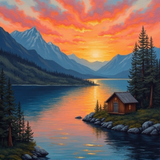 HiDream.org_stunning-sunrise-over-a-mountain-lake-with-rustic-cabin-in-oil-painting (1)