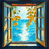 Mediterranean Lemon Breeze – Watercolor Coastal Window View Painting