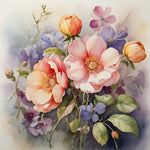 A watercolor painting of blooming flowers in pastel shades, with soft brushstrokes and a light background, evoking a dreamy and artistic feel.