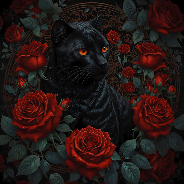 Black cat among red roses