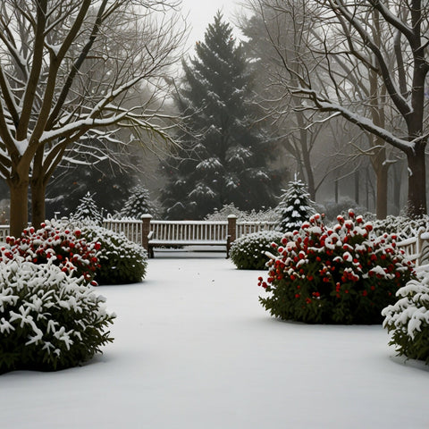 A garden with evergreen trees, holly bushes with red berries, and snow-covered ground (1)