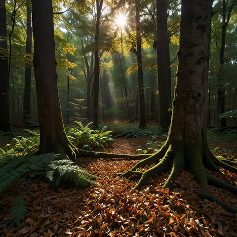 A dense forest with sunlight filtering through the canopy and a carpet of fallen leaves (1)