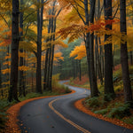 A winding road through a dense forest with autumn leaves in vibrant colors (2)