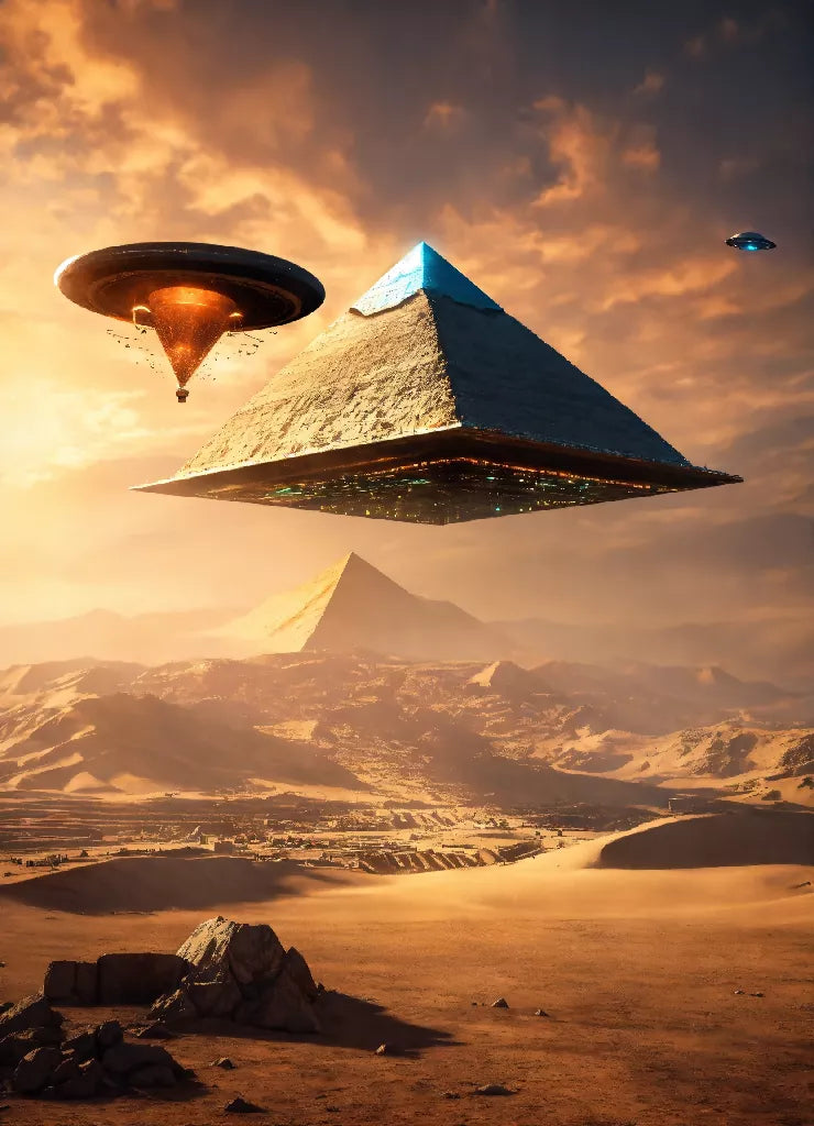 Ufo dropping off humans to pyramid, unreal engine render